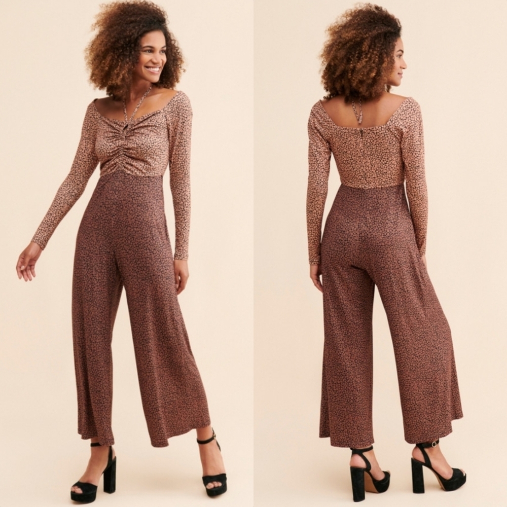 Hutch Ditsy Floral Colorblock Long Sleeve Keyhole Wide Leg Crop Jumpsuit